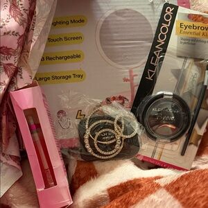 Led makeup mirror,  Kleancolor Eyebrow Kit Lipstick and earrings bundle